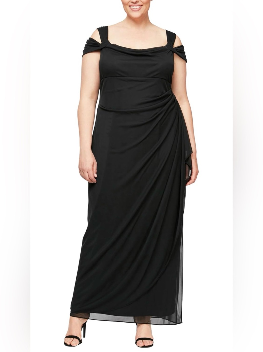 Alex Evenings Black Off-Shoulder Draped Evening Gown